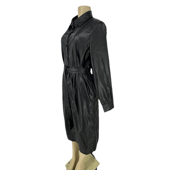 Evereve Medium Women Black Vegan Faux Leather Button Up Midi Dress Trench CLT - Picture 5 of 14
